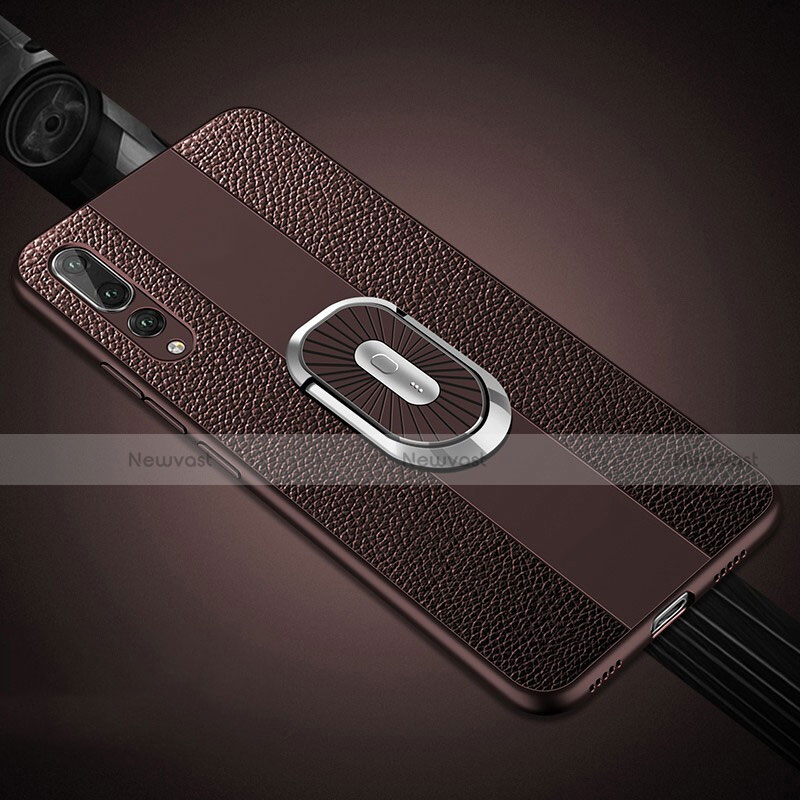 Soft Silicone Gel Leather Snap On Case Cover with Magnetic Finger Ring Stand T05 for Huawei P20 Pro Brown
