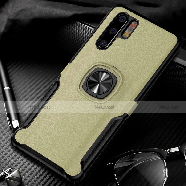 Soft Silicone Gel Leather Snap On Case Cover with Magnetic Finger Ring Stand T05 for Huawei P30 Pro Gold