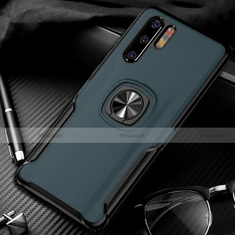 Soft Silicone Gel Leather Snap On Case Cover with Magnetic Finger Ring Stand T05 for Huawei P30 Pro Green