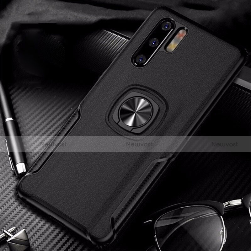 Soft Silicone Gel Leather Snap On Case Cover with Magnetic Finger Ring Stand T05 for Huawei P30 Pro New Edition Black