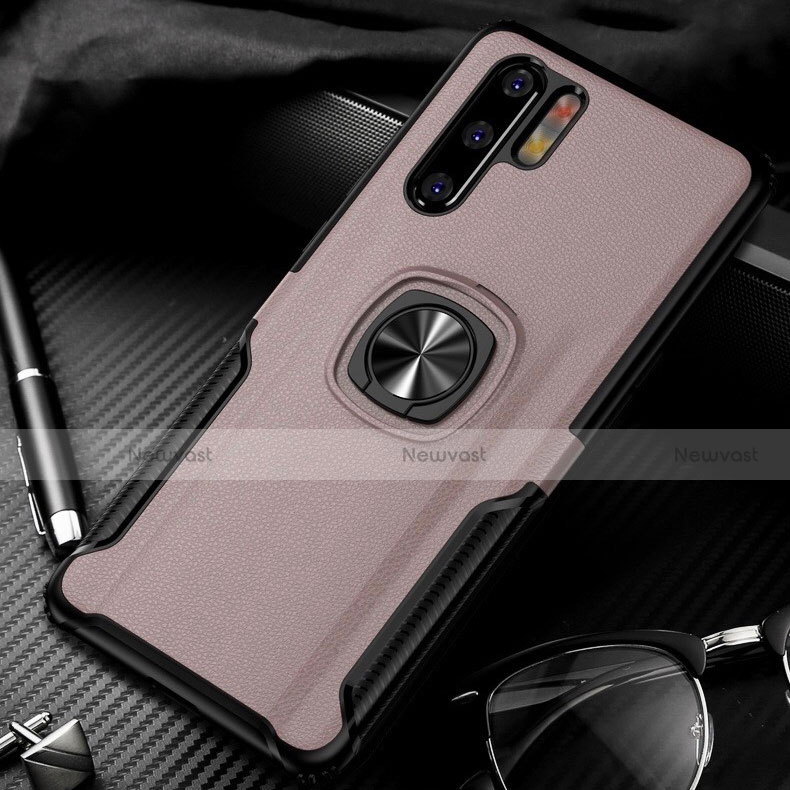 Soft Silicone Gel Leather Snap On Case Cover with Magnetic Finger Ring Stand T05 for Huawei P30 Pro New Edition Rose Gold