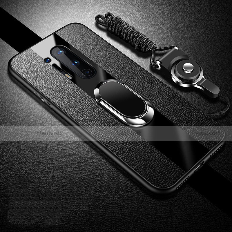 Soft Silicone Gel Leather Snap On Case Cover with Magnetic Finger Ring Stand T05 for OnePlus 8 Pro