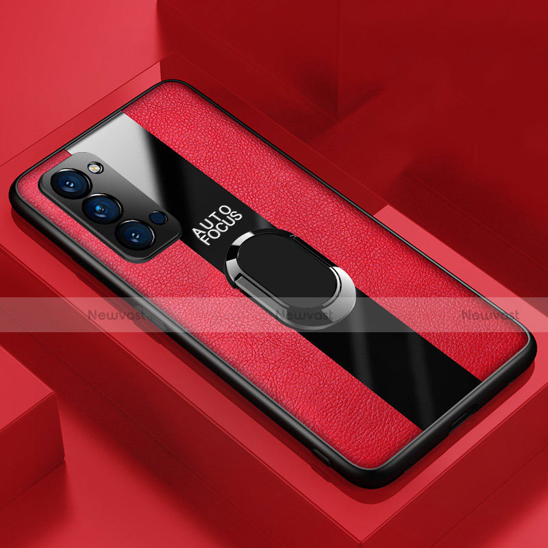 Soft Silicone Gel Leather Snap On Case Cover with Magnetic Finger Ring Stand T05 for Oppo Reno4 5G Red