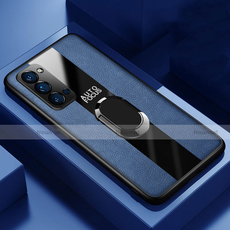 Soft Silicone Gel Leather Snap On Case Cover with Magnetic Finger Ring Stand T05 for Oppo Reno4 Pro 5G Blue