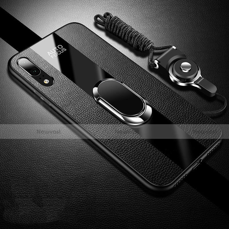 Soft Silicone Gel Leather Snap On Case Cover with Magnetic Finger Ring Stand T06 for Huawei P20