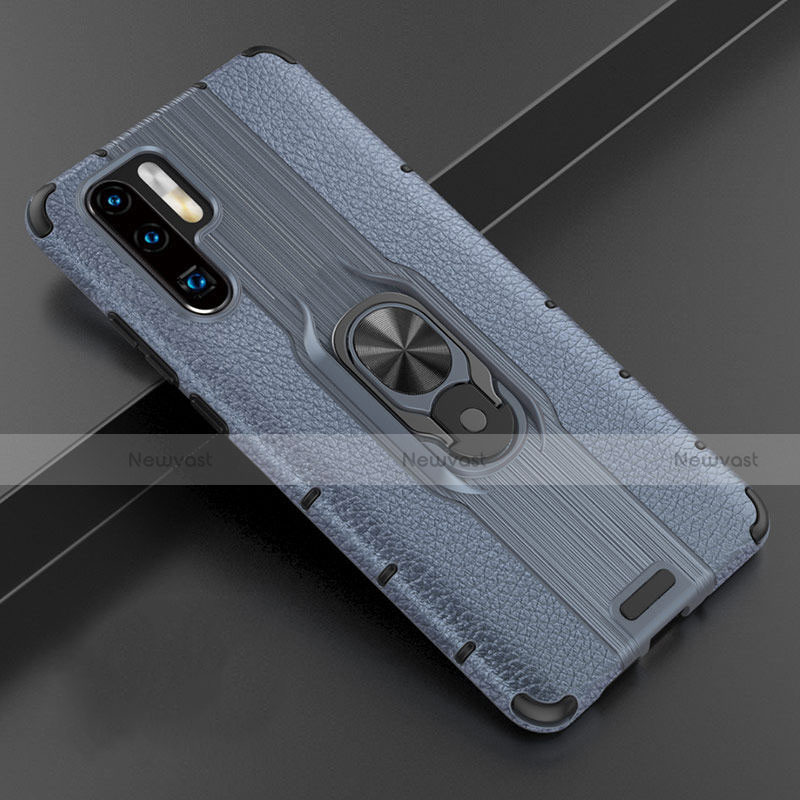 Soft Silicone Gel Leather Snap On Case Cover with Magnetic Finger Ring Stand T06 for Huawei P30 Pro Blue