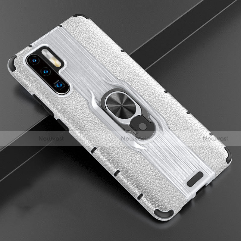 Soft Silicone Gel Leather Snap On Case Cover with Magnetic Finger Ring Stand T06 for Huawei P30 Pro Silver