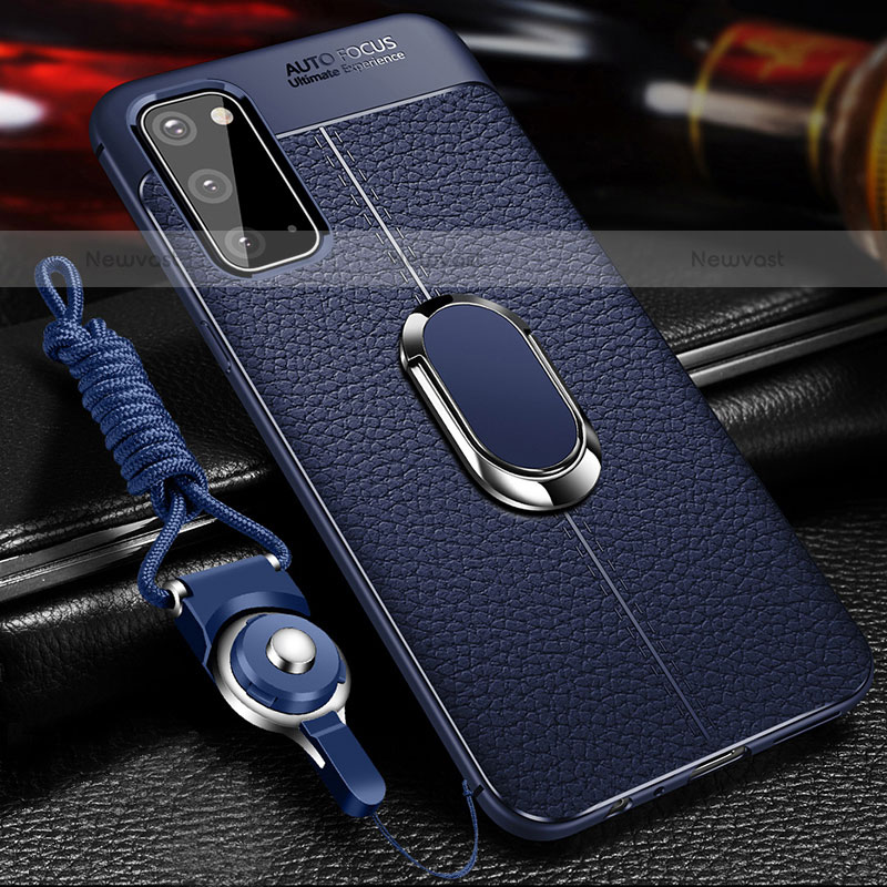 Soft Silicone Gel Leather Snap On Case Cover with Magnetic Finger Ring Stand WL1 for Samsung Galaxy S20 5G Blue