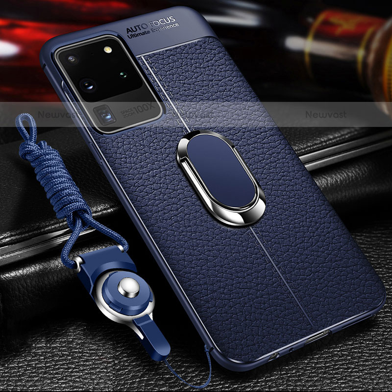 Soft Silicone Gel Leather Snap On Case Cover with Magnetic Finger Ring Stand WL1 for Samsung Galaxy S20 Ultra 5G Blue