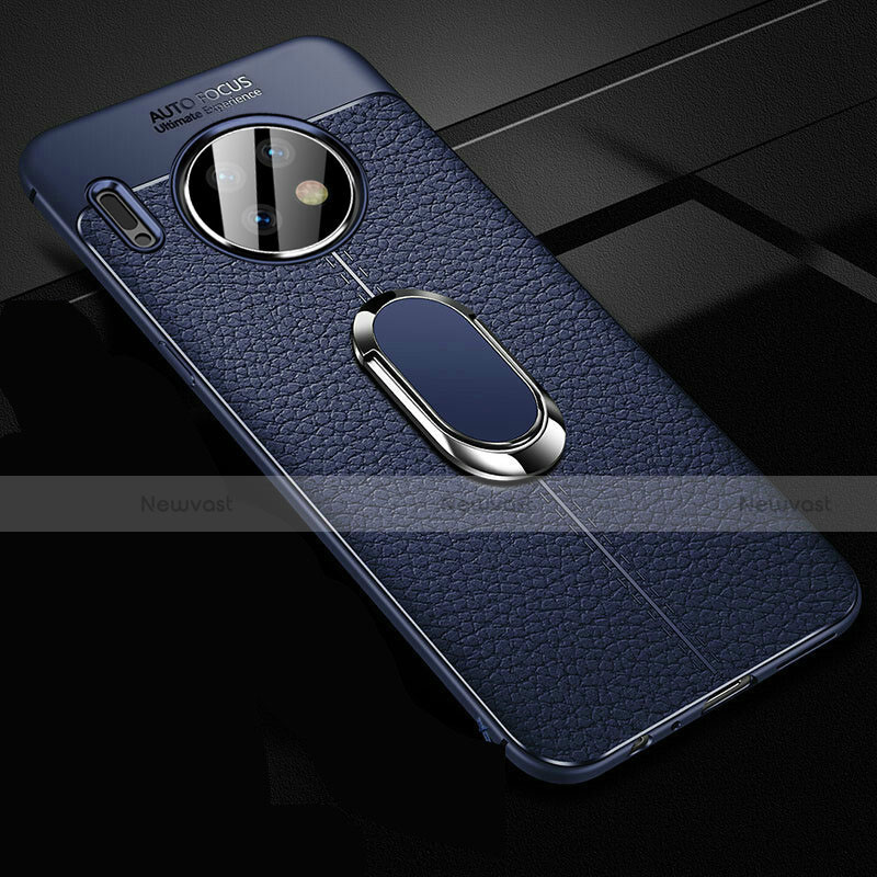Soft Silicone Gel Leather Snap On Case Cover with Magnetic Finger Ring Stand Z02 for Huawei Mate 30 5G Blue