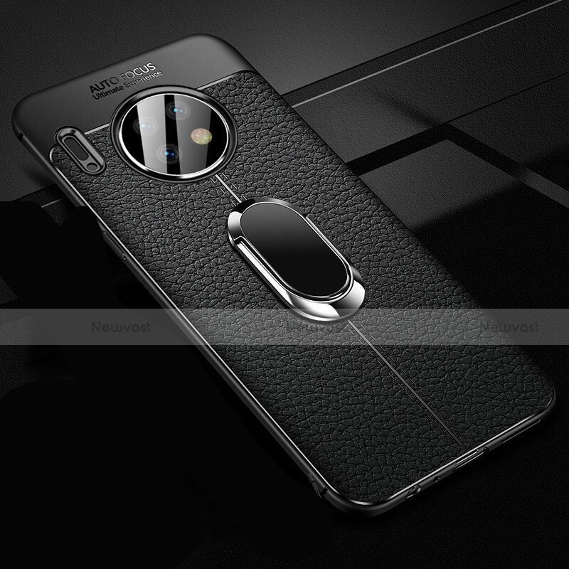 Soft Silicone Gel Leather Snap On Case Cover with Magnetic Finger Ring Stand Z02 for Huawei Mate 30E Pro 5G Black