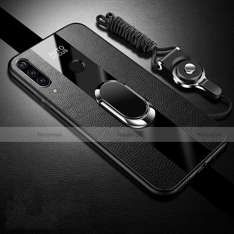 Soft Silicone Gel Leather Snap On Case Cover with Magnetic Finger Ring Stand Z02 for Huawei P30 Lite Black