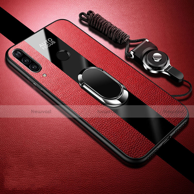 Soft Silicone Gel Leather Snap On Case Cover with Magnetic Finger Ring Stand Z02 for Huawei P30 Lite Red