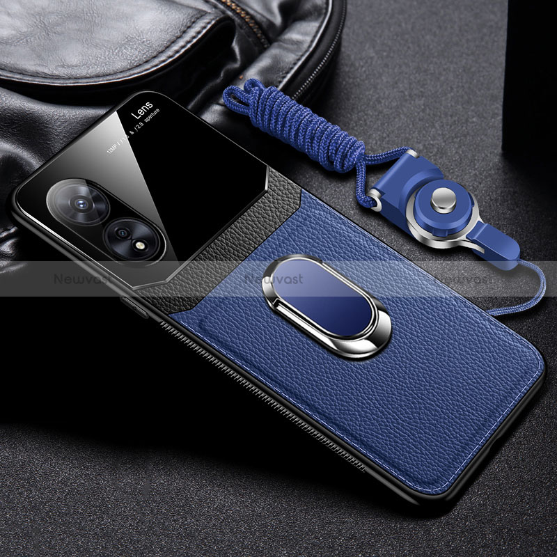 Soft Silicone Gel Leather Snap On Case Cover with Magnetic FL1 for Oppo A58 5G Blue