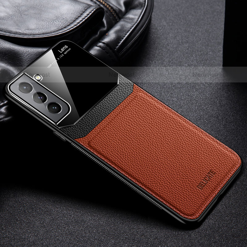 Soft Silicone Gel Leather Snap On Case Cover with Magnetic for Samsung Galaxy S21 FE 5G Brown