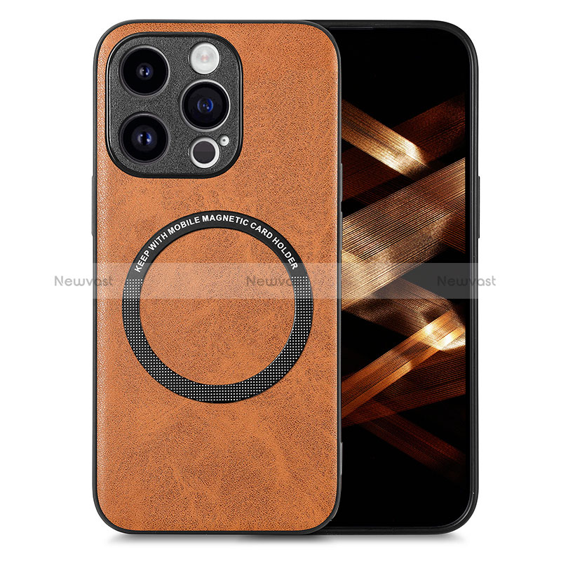 Soft Silicone Gel Leather Snap On Case Cover with Magnetic S02D for Apple iPhone 14 Pro Max Brown