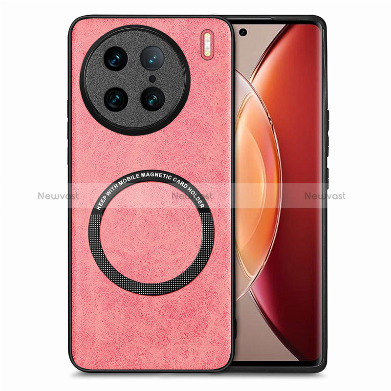 Soft Silicone Gel Leather Snap On Case Cover with Magnetic S02D for Vivo X90 Pro 5G Pink