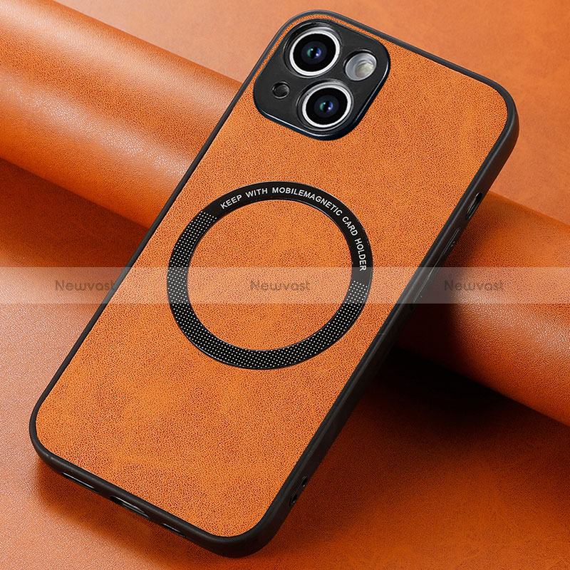 Soft Silicone Gel Leather Snap On Case Cover with Magnetic S11D for Apple iPhone 14 Plus Brown