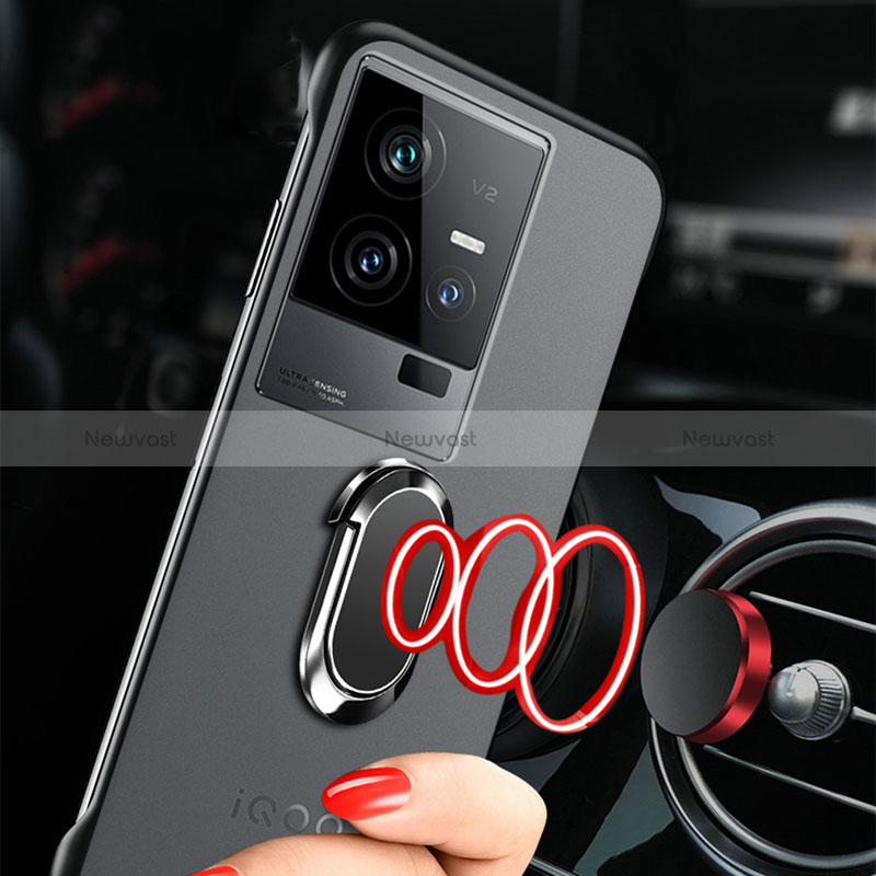 Transparent Crystal Frameless Hard Case Back Cover with Magnetic Finger Ring Stand for Vivo iQOO 11 5G