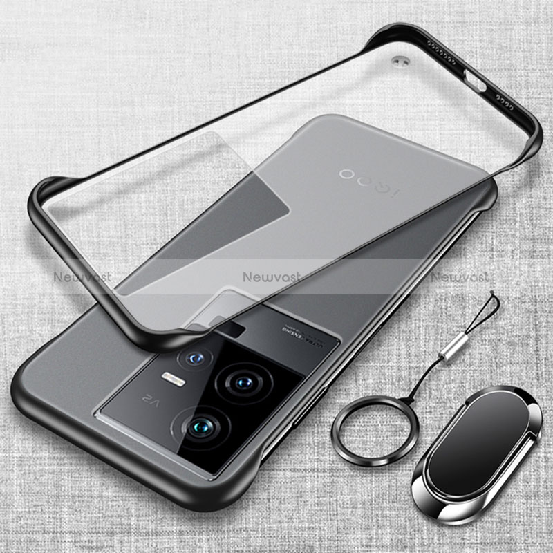Transparent Crystal Frameless Hard Case Back Cover with Magnetic Finger Ring Stand for Vivo iQOO 11 Pro 5G Black
