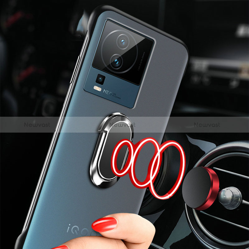 Transparent Crystal Frameless Hard Case Back Cover with Magnetic Finger Ring Stand for Vivo iQOO Neo7 5G