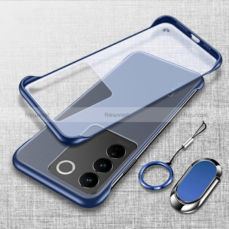 Transparent Crystal Frameless Hard Case Back Cover with Magnetic Finger Ring Stand for Vivo V27 5G