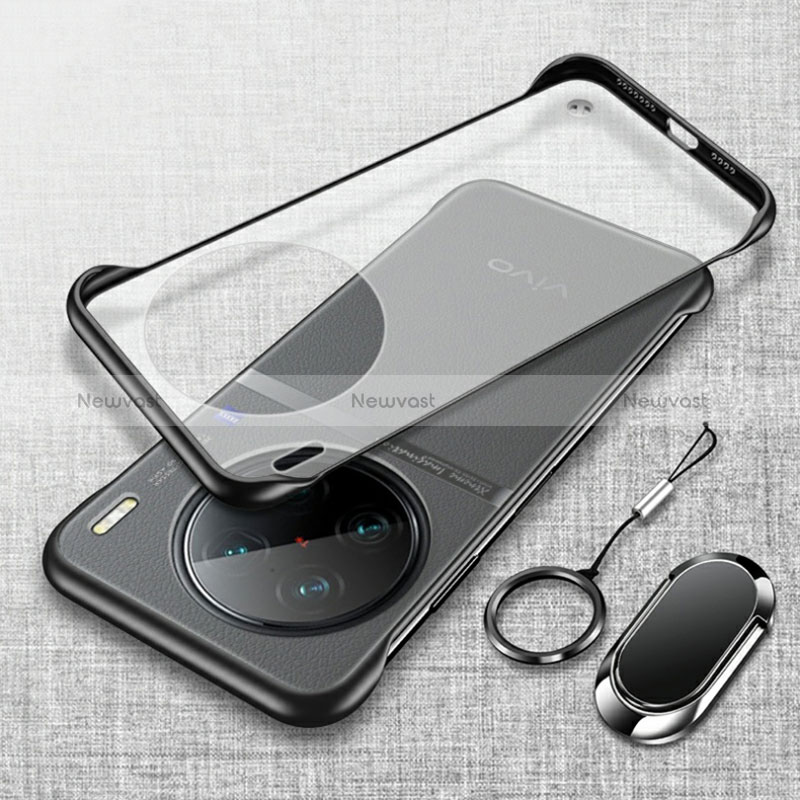 Transparent Crystal Frameless Hard Case Back Cover with Magnetic Finger Ring Stand for Vivo X90 5G