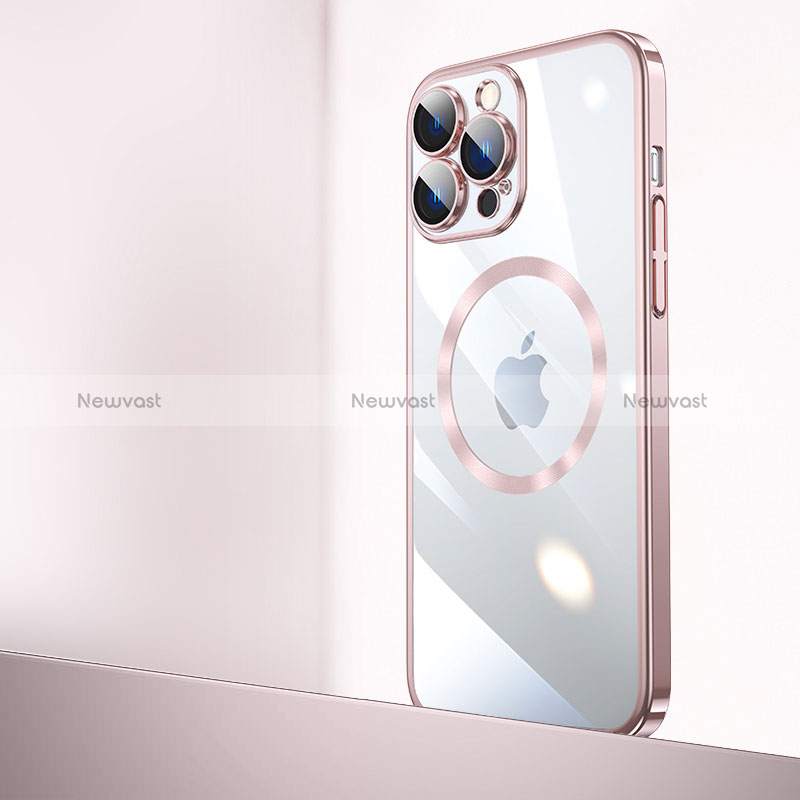 Transparent Crystal Hard Case Back Cover with Mag-Safe Magnetic QC2 for Apple iPhone 14 Pro Rose Gold