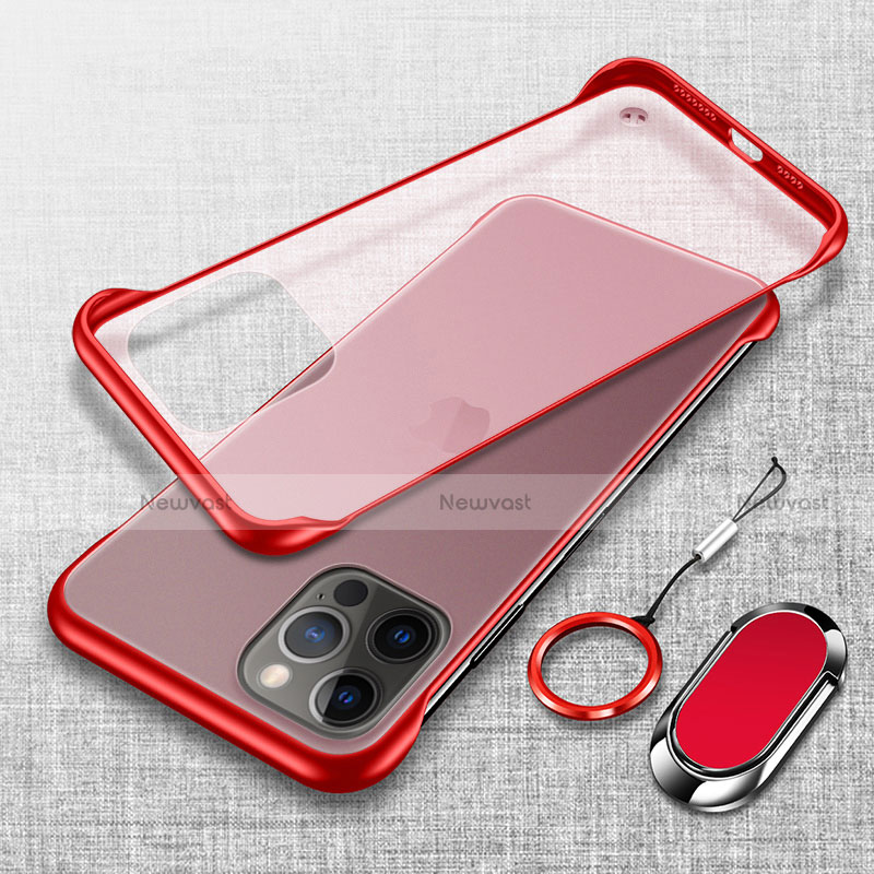 Transparent Crystal Hard Case Back Cover with Magnetic Finger Ring Stand for Apple iPhone 13 Pro Max Red