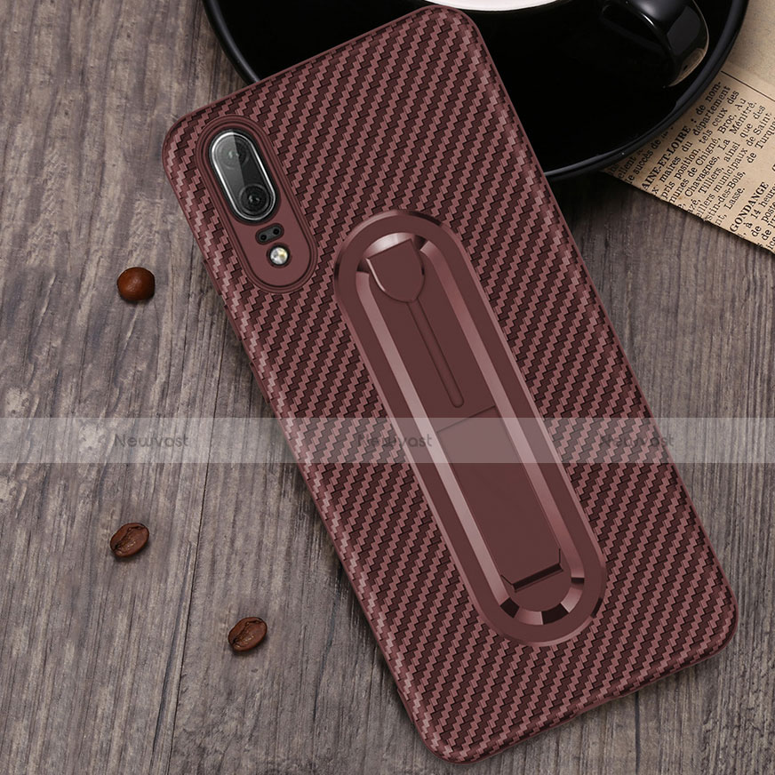 Ultra-thin Silicone Gel Soft Case Cover with Finger Ring Stand A01 for Huawei P20 Brown