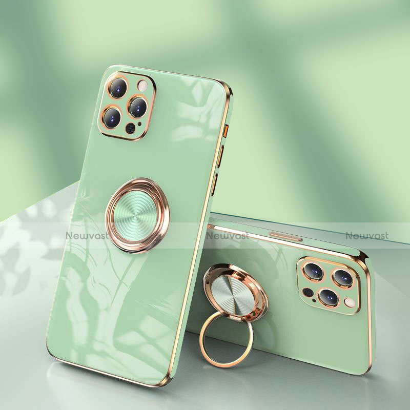 Ultra-thin Silicone Gel Soft Case Cover with Finger Ring Stand for Apple iPhone 13 Pro Max Matcha Green