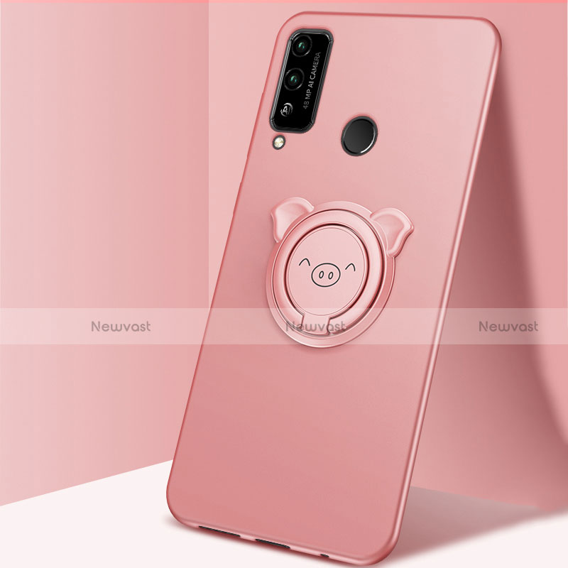 Ultra-thin Silicone Gel Soft Case Cover with Magnetic Finger Ring Stand A01 for Huawei Honor Play4T Pink