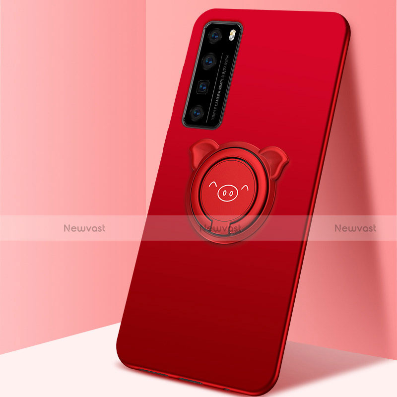 Ultra-thin Silicone Gel Soft Case Cover with Magnetic Finger Ring Stand A01 for Huawei Nova 7 5G Red