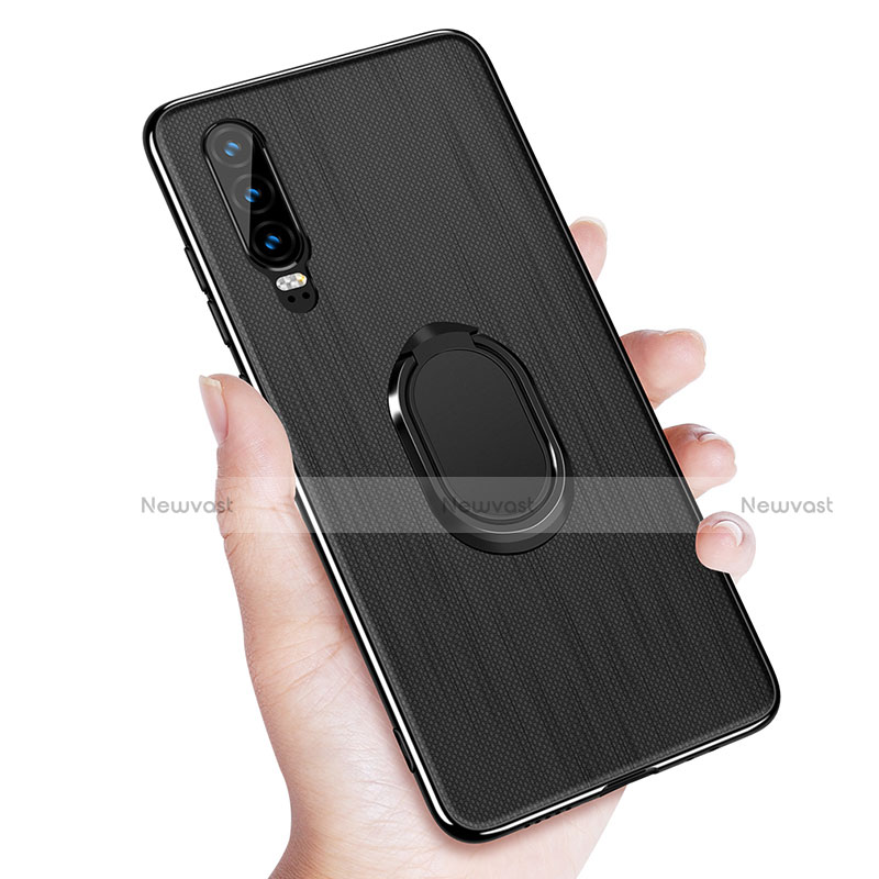 Ultra-thin Silicone Gel Soft Case Cover with Magnetic Finger Ring Stand A01 for Huawei P30 Black