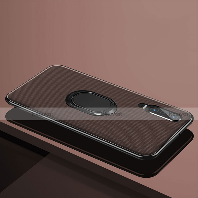 Ultra-thin Silicone Gel Soft Case Cover with Magnetic Finger Ring Stand A01 for Huawei P30 Brown