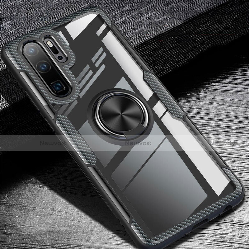 Ultra-thin Silicone Gel Soft Case Cover with Magnetic Finger Ring Stand A01 for Huawei P30 Pro New Edition Black