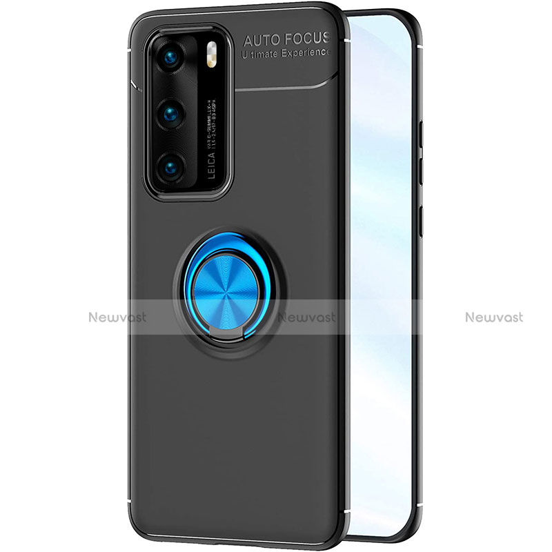 Ultra-thin Silicone Gel Soft Case Cover with Magnetic Finger Ring Stand A01 for Huawei P40 Blue and Black
