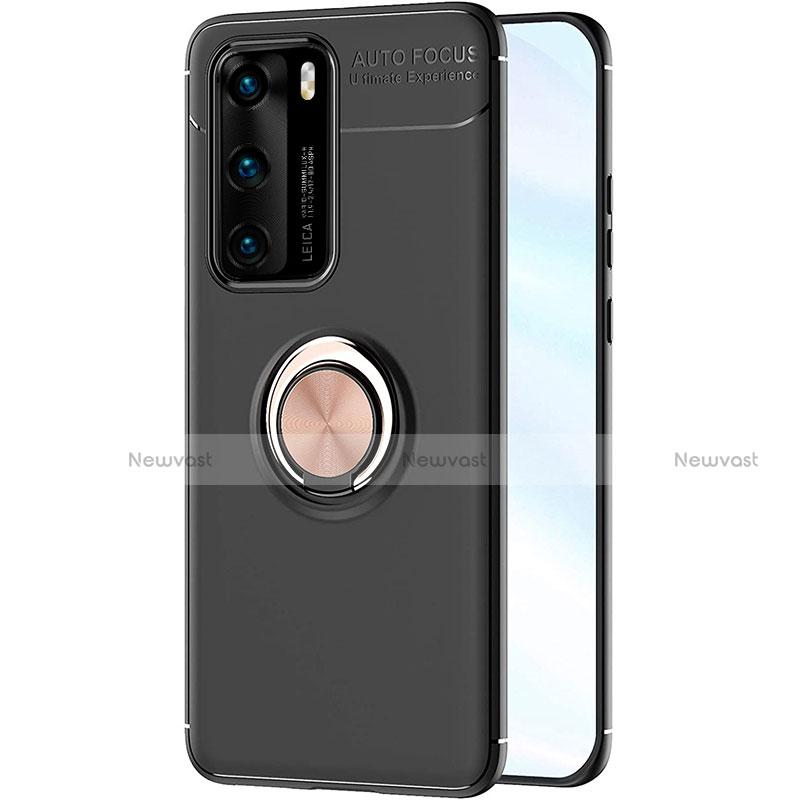 Ultra-thin Silicone Gel Soft Case Cover with Magnetic Finger Ring Stand A01 for Huawei P40 Gold and Black