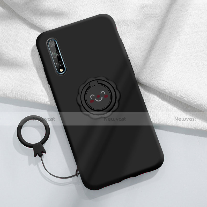 Ultra-thin Silicone Gel Soft Case Cover with Magnetic Finger Ring Stand A01 for Huawei Y8p Black