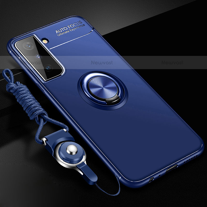 Ultra-thin Silicone Gel Soft Case Cover with Magnetic Finger Ring Stand A01 for Samsung Galaxy S21 5G Blue