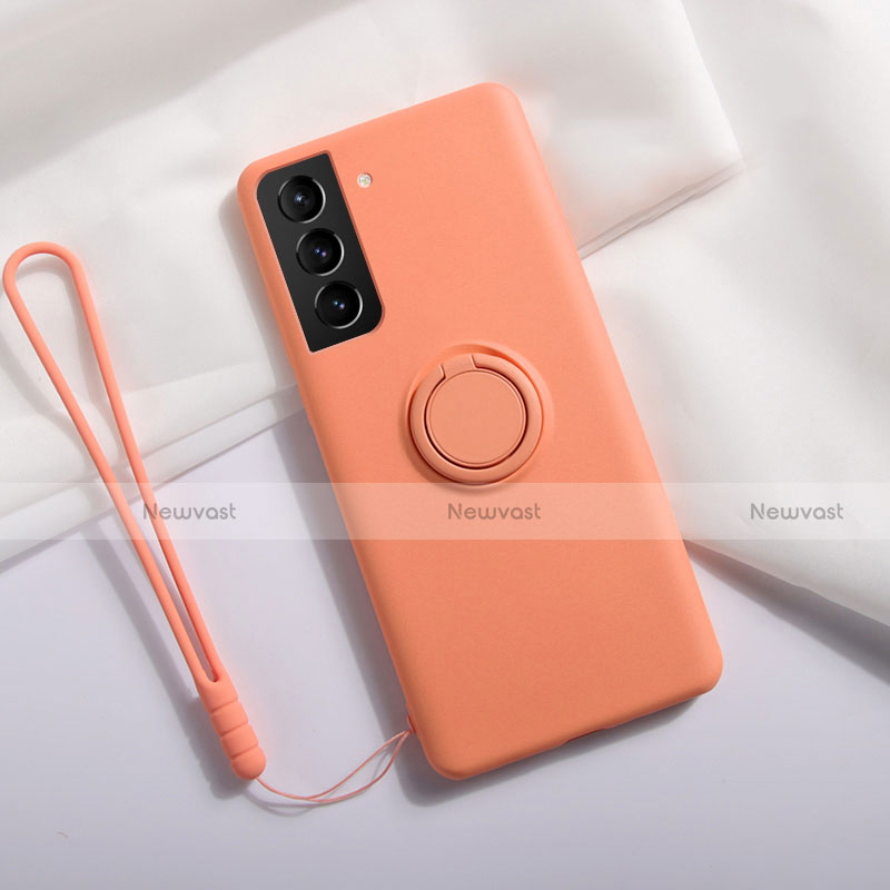 Ultra-thin Silicone Gel Soft Case Cover with Magnetic Finger Ring Stand A01 for Samsung Galaxy S21 5G Orange