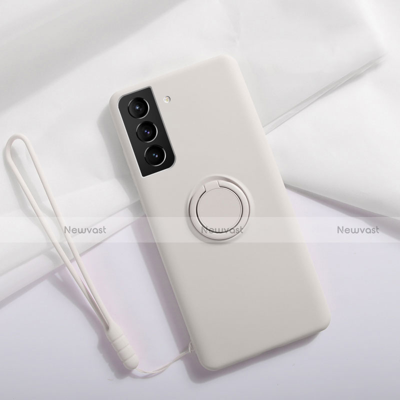 Ultra-thin Silicone Gel Soft Case Cover with Magnetic Finger Ring Stand A01 for Samsung Galaxy S21 5G White