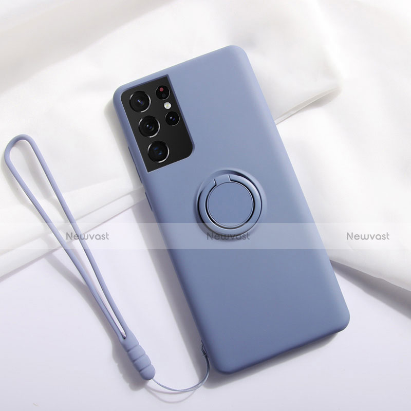 Ultra-thin Silicone Gel Soft Case Cover with Magnetic Finger Ring Stand A01 for Samsung Galaxy S21 Ultra 5G Lavender Gray