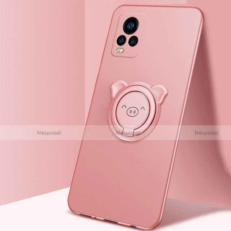 Ultra-thin Silicone Gel Soft Case Cover with Magnetic Finger Ring Stand A01 for Vivo V20 Pro 5G Rose Gold