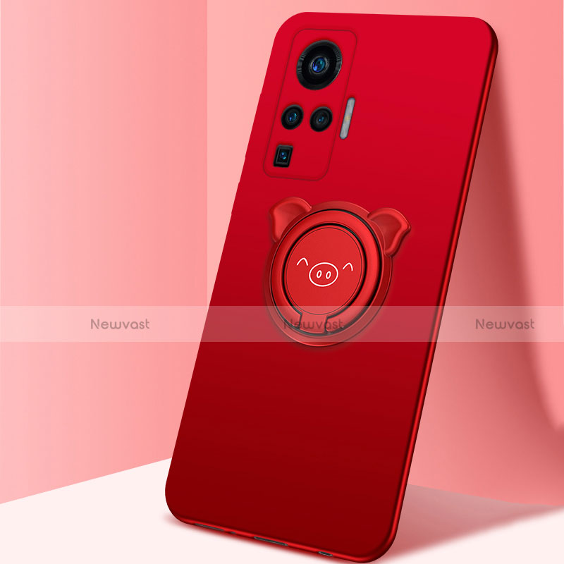 Ultra-thin Silicone Gel Soft Case Cover with Magnetic Finger Ring Stand A01 for Vivo X50 Pro 5G Red