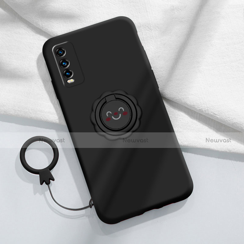 Ultra-thin Silicone Gel Soft Case Cover with Magnetic Finger Ring Stand A01 for Vivo Y11s Black