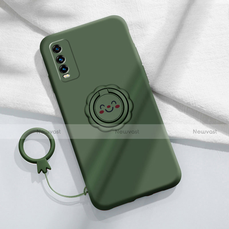 Ultra-thin Silicone Gel Soft Case Cover with Magnetic Finger Ring Stand A01 for Vivo Y11s Midnight Green