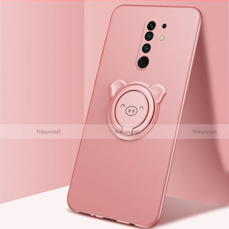Ultra-thin Silicone Gel Soft Case Cover with Magnetic Finger Ring Stand A01 for Xiaomi Redmi 9 Prime India Rose Gold