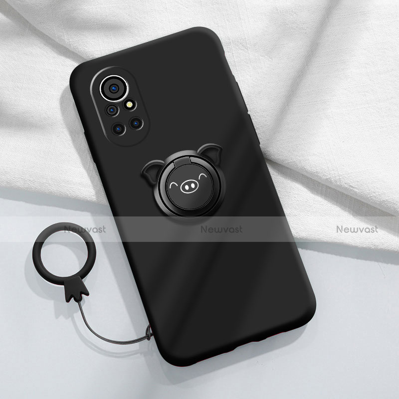 Ultra-thin Silicone Gel Soft Case Cover with Magnetic Finger Ring Stand A02 for Huawei Nova 8 Pro 5G Black