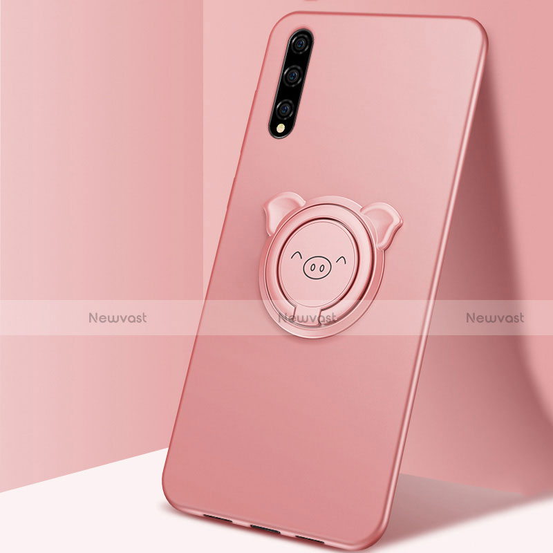 Ultra-thin Silicone Gel Soft Case Cover with Magnetic Finger Ring Stand A02 for Huawei Y8p Rose Gold